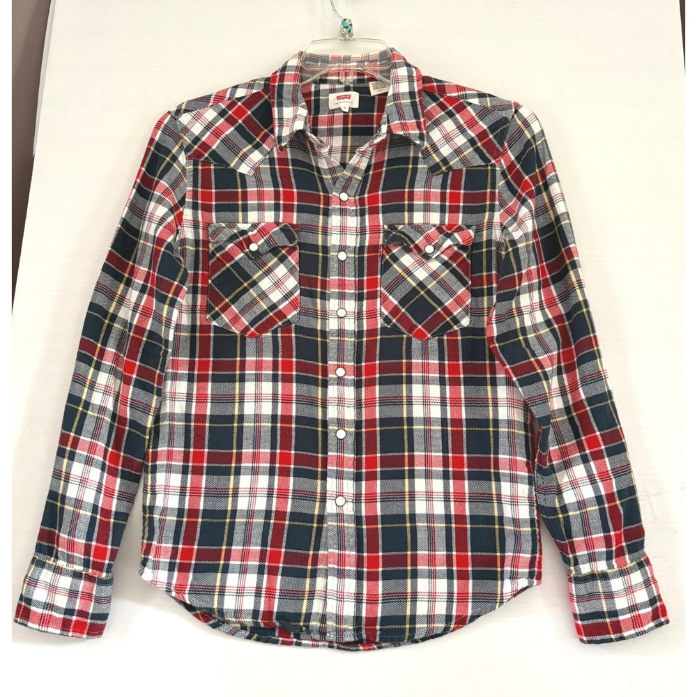 Levis Womens Red White Blue Plaid Pearl Snap Western Shirt Small 66986-0085